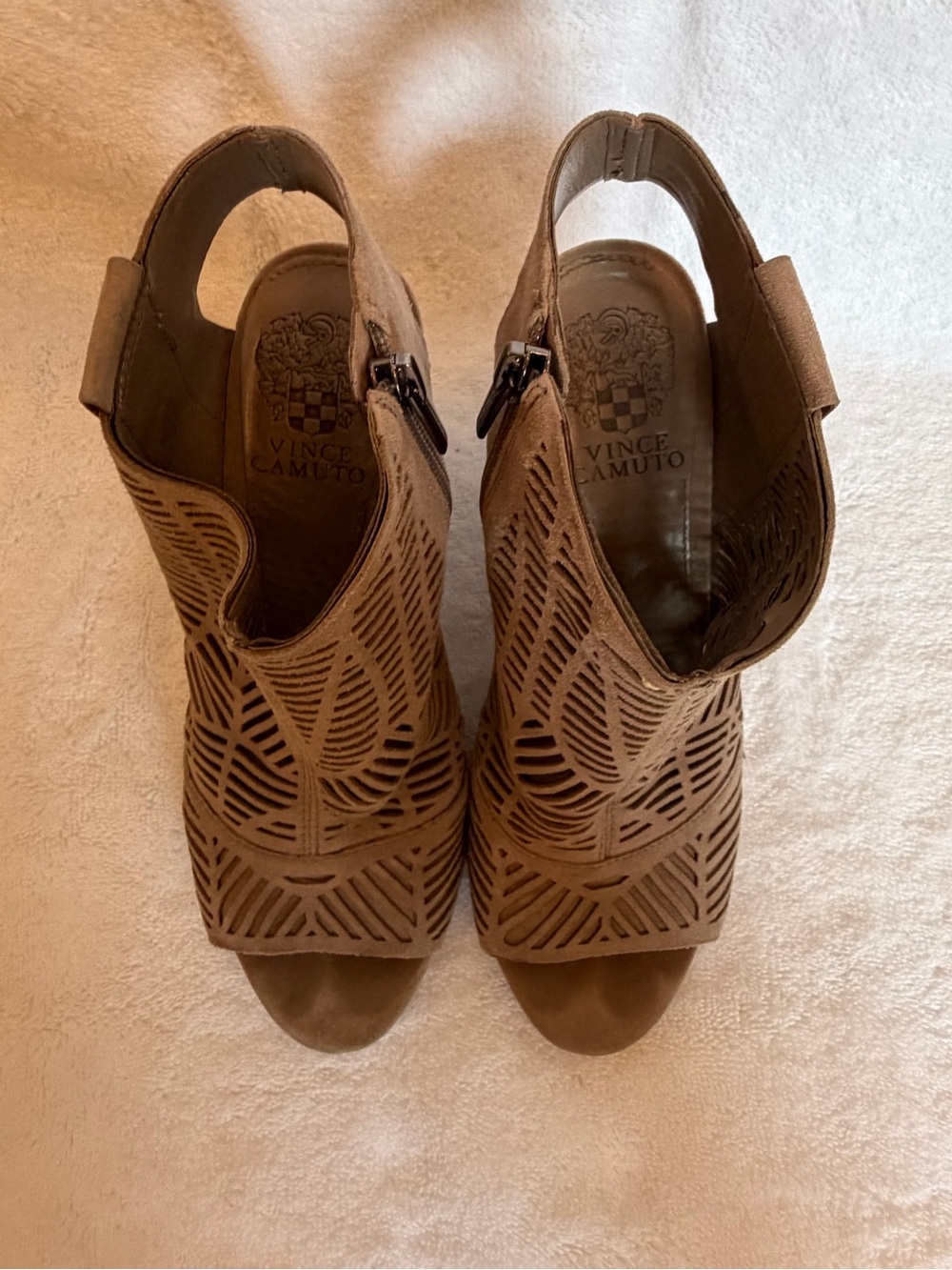 Vince Camuto Tan Laser-Cut Peep-Toe Slingback Heels